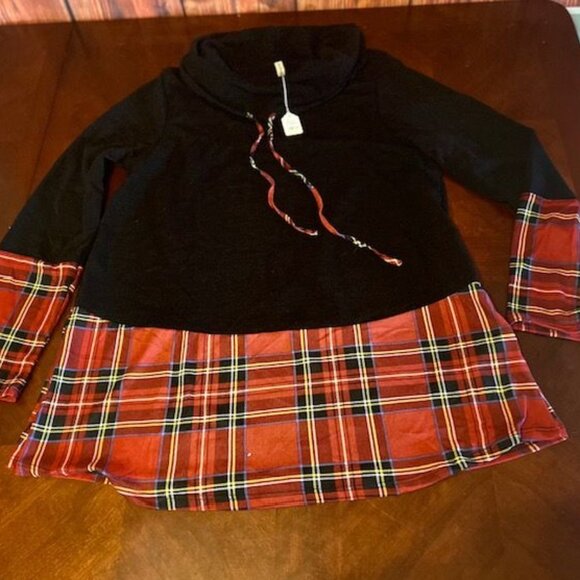 now & forever Womens top Black w/ plaid constrast Long Sleeve Tunic Sweater - Picture 1 of 6